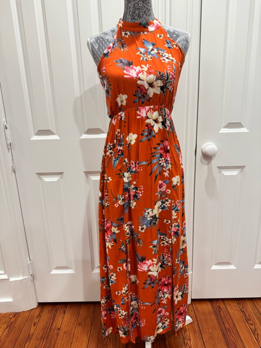 Floral Halter Maxi Dress with Back Tie & Front Slits Sz. S Boho Summer